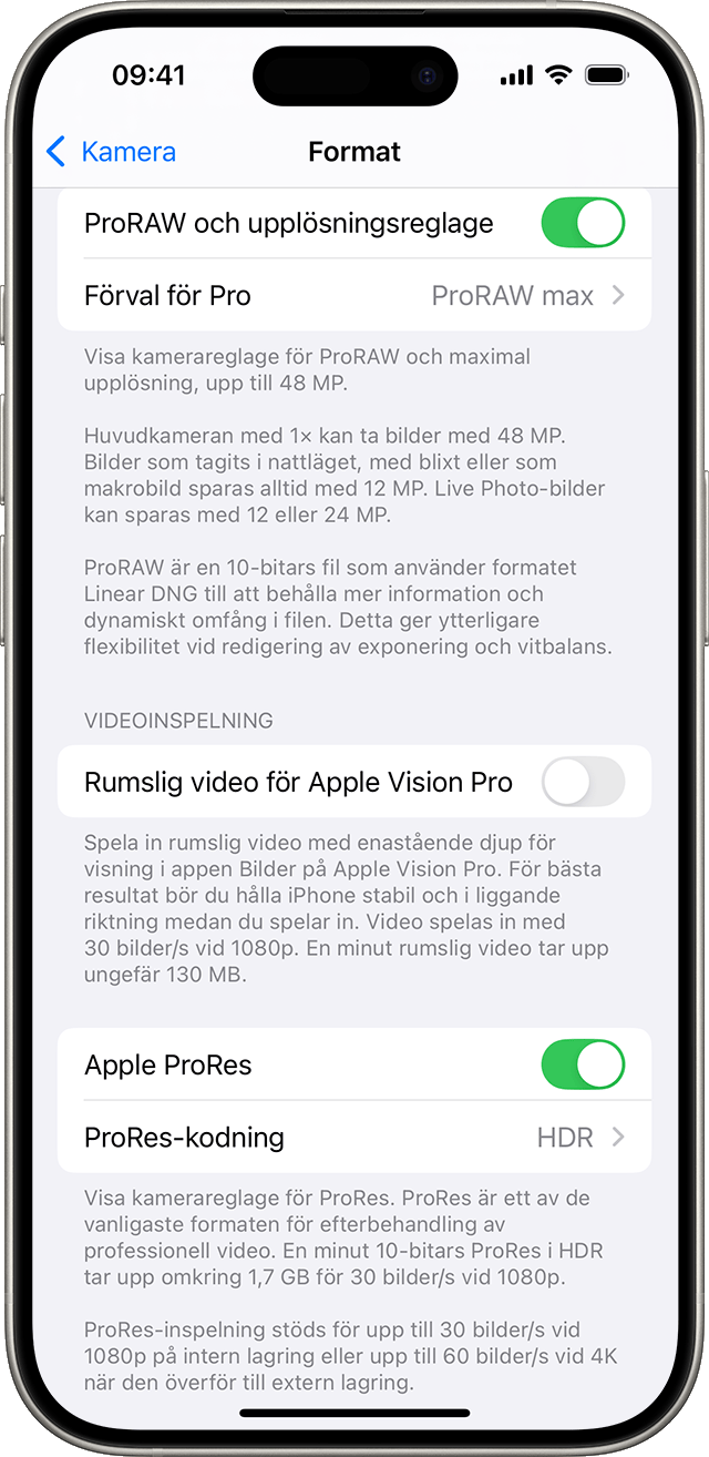 En iPhone som visar inställningar för kameraformat