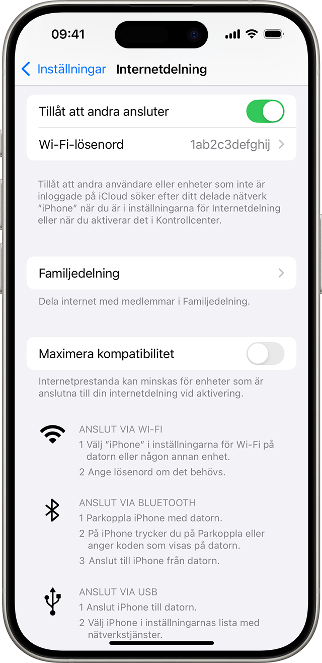 iPhone-skärm som visar Internetdelning-inställningar