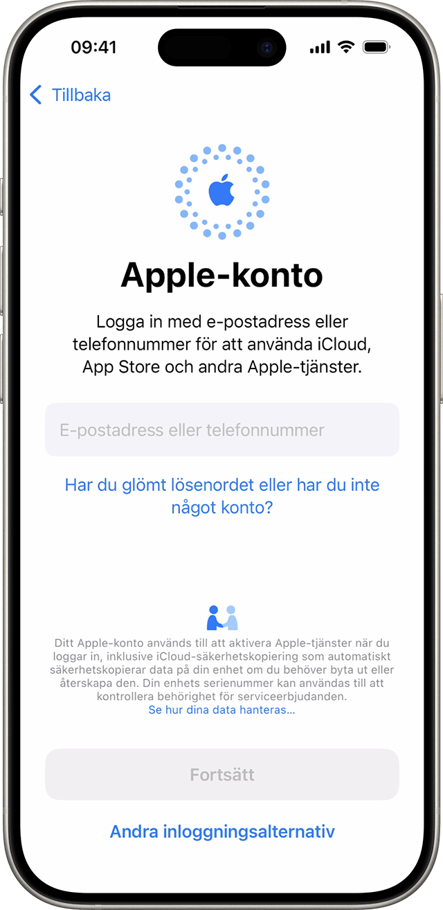 Använd din e-postadress eller ditt telefonnummer för att logga in med ditt Apple-konto under iPhone-installationsprocessen i iOS 18.