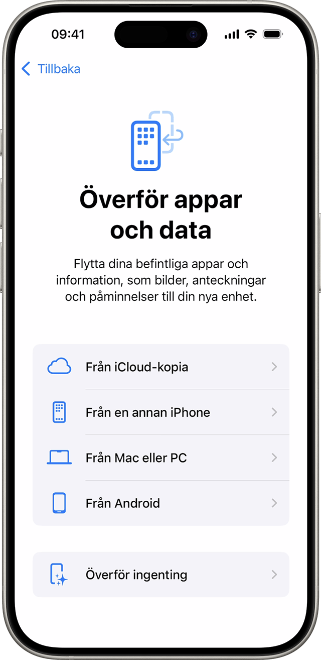 Alternativen för Överför dina appar och data när du konfigurerar en iPhone i iOS 18.