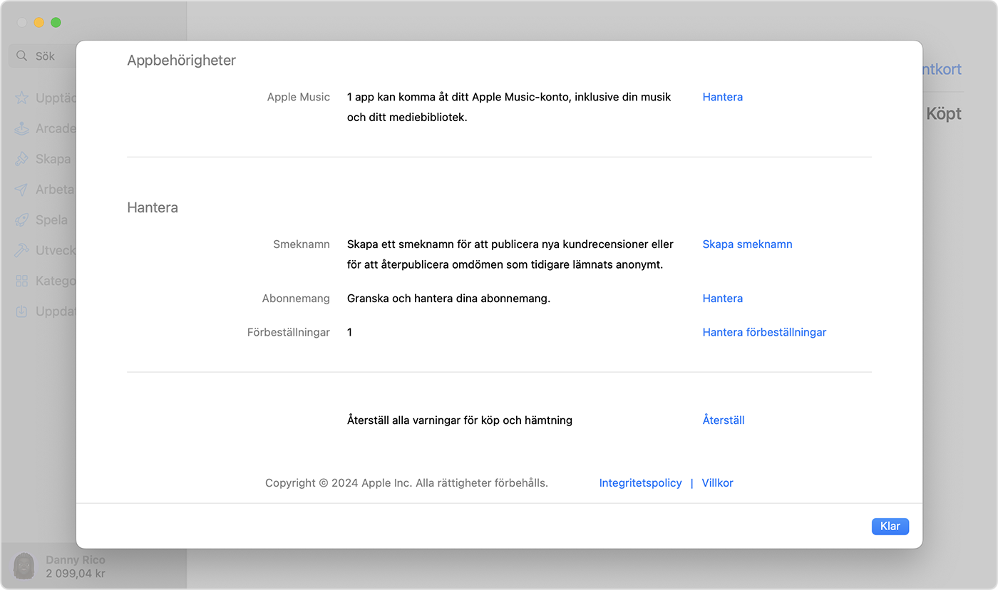 App Store på Mac som visar förbeställningar i Kontoinställningar