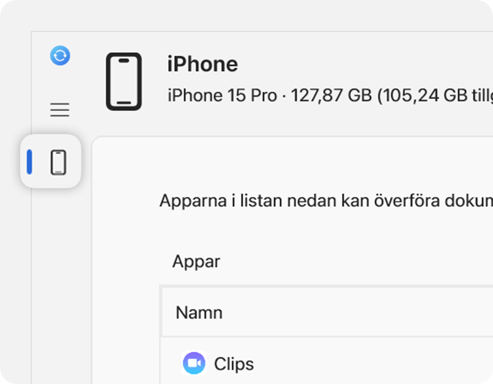 Appen Apple Devices med din anslutna enhet i sidofältet