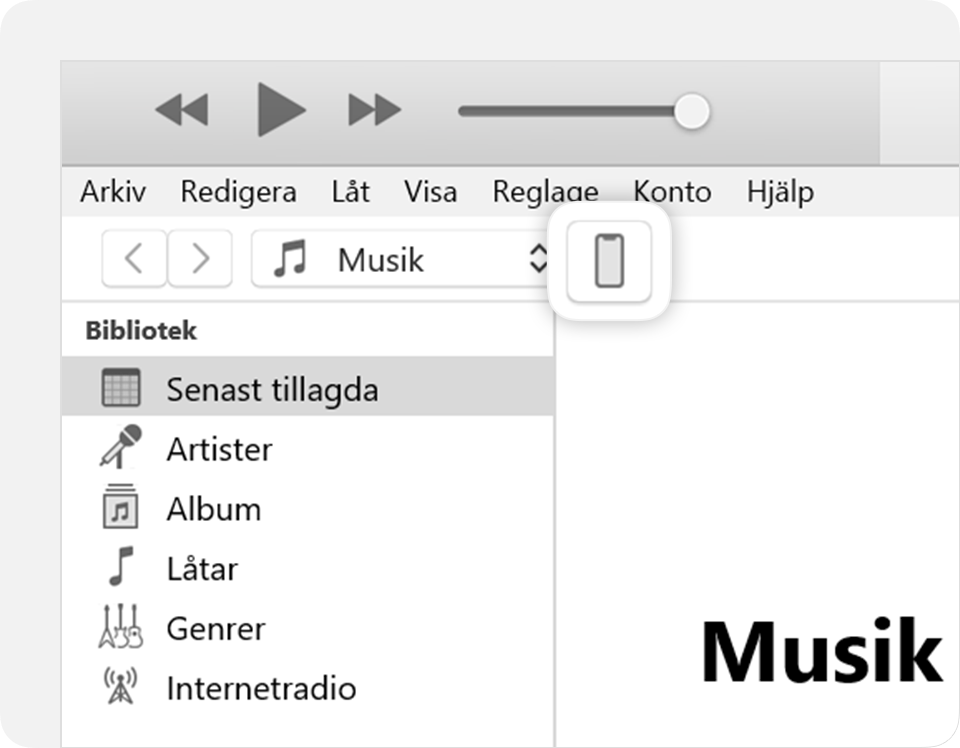 iTunes-fönstret med en symbol för din anslutna enhet i det övre högra hörnet