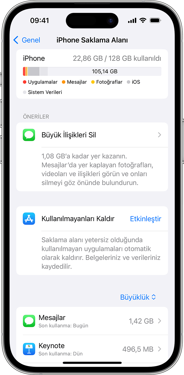 Aygıtınızda alan açma önerilerinin gösterildiği bir iPhone ekranı