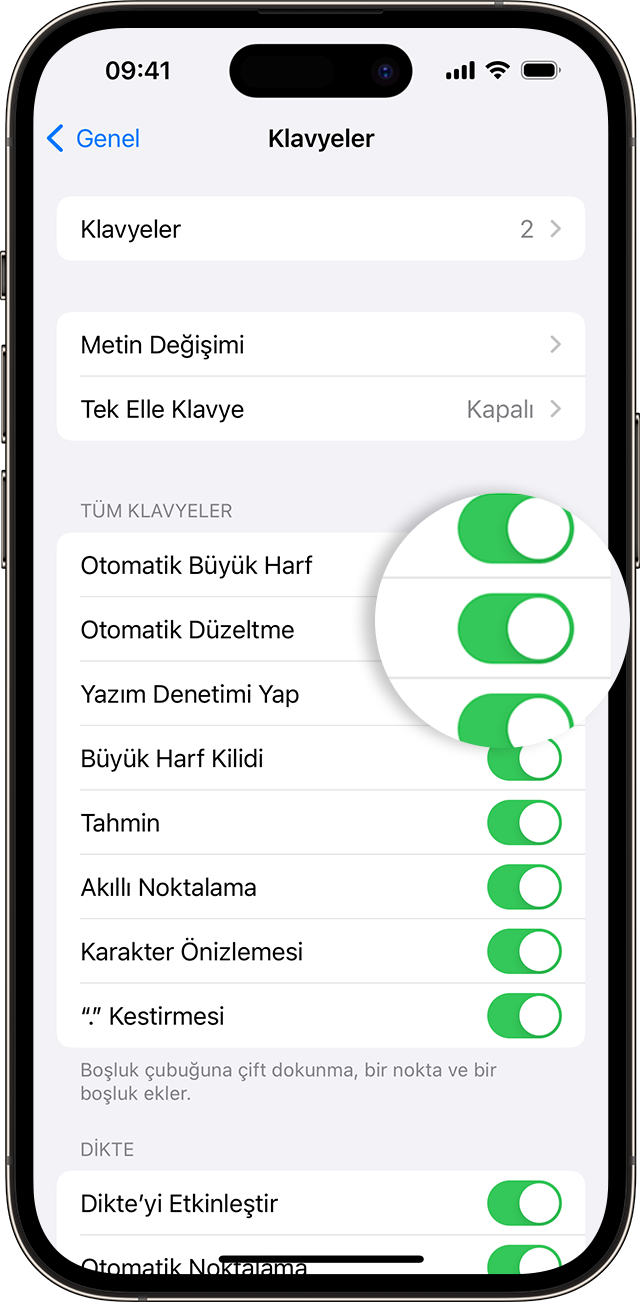 Otomatik Düzeltme'nin nasıl açılacağını gösteren iPhone ekranı.