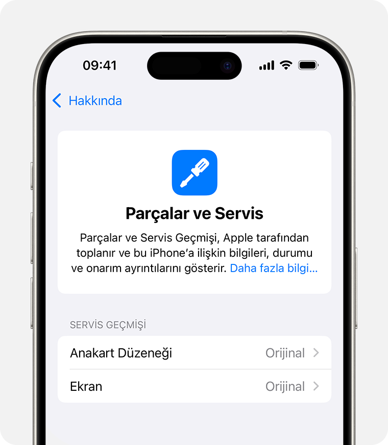 İki Genuine Apple Part (Orijinal Apple Parçası) ifadesinin yer aldığı Parça ve Servis Geçmişi ekranı