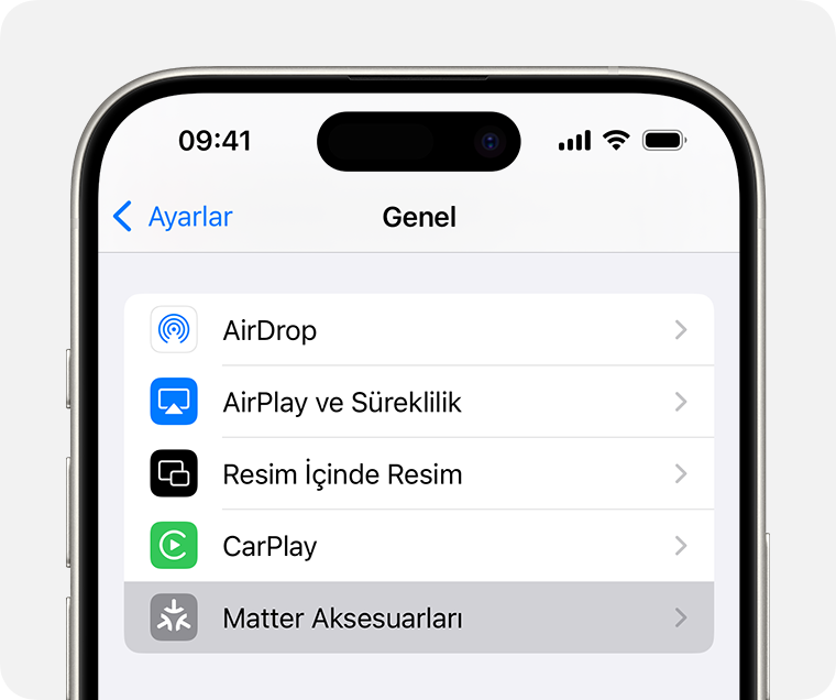 iPhone'da Ayarlar > Genel bölümündeki Matter Aksesuarları