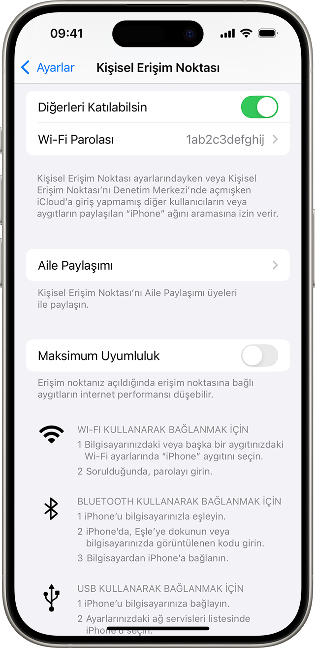 Kişisel Erişim Noktası ayarlarını gösteren iPhone ekranı