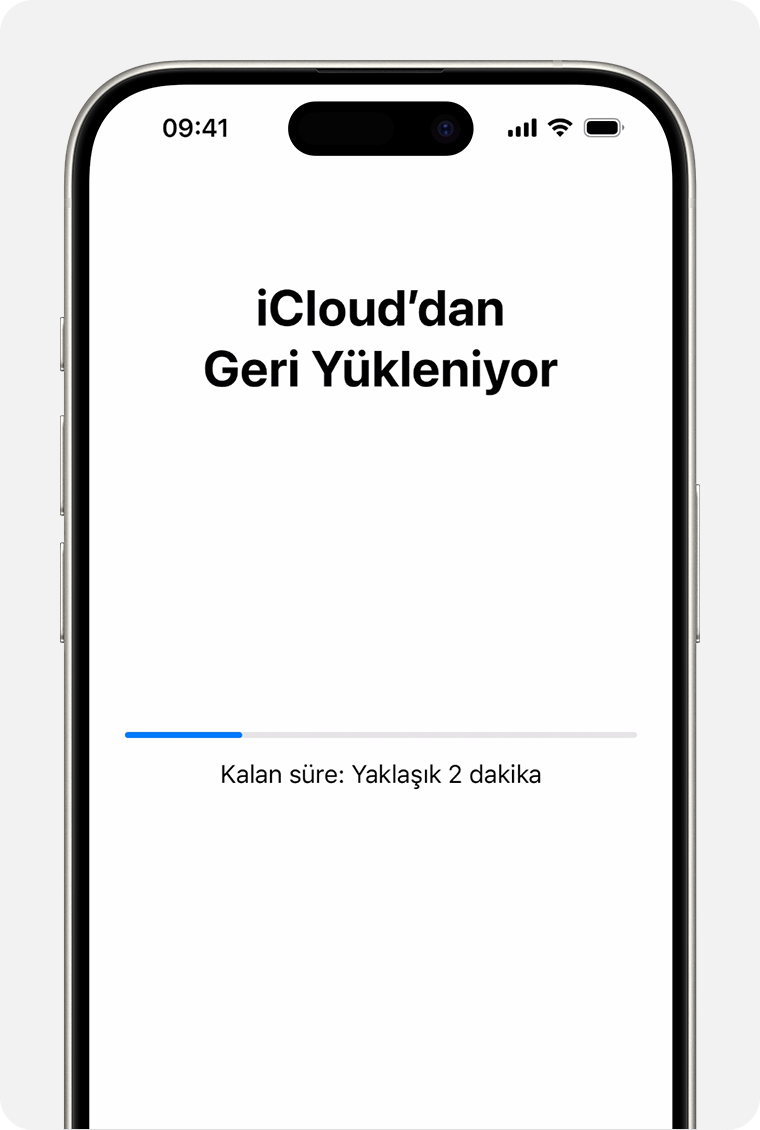 Aygıtınızı bir iCloud yedeklemesinden geri yükleme durumunun gösterildiği iPhone