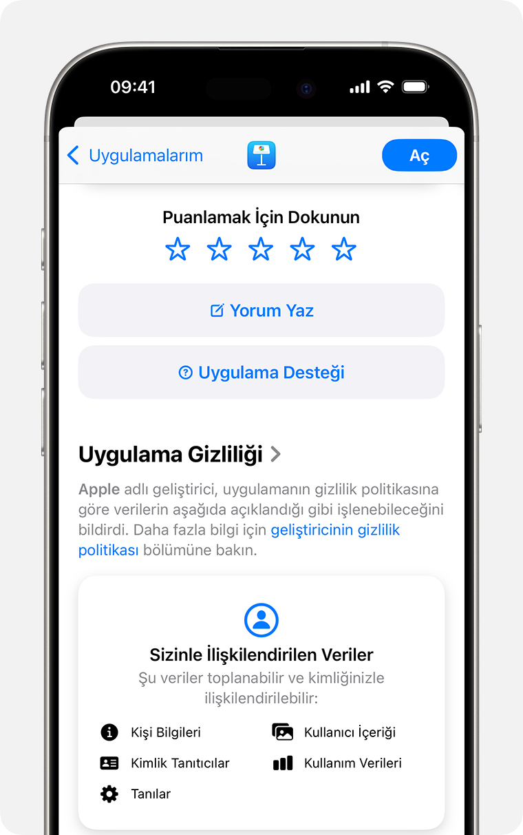 Bir iPhone'da Keynote için uygulama açıklaması sayfası gösteriliyor. Üst kısımda uygulamayı derecelendirmek için kullanabileceğiniz 5 yıldız, inceleme yazmak için kullanabileceğiniz bir düğme ve Uygulama Desteği için bir düğme bulunur.