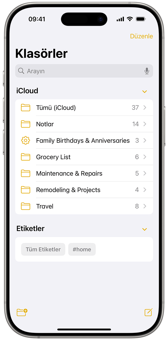 iOS 18'deki Notlar'da tüm etiketlerinizi ve klasörlerinizi aynı anda görüntüleyebilirsiniz.