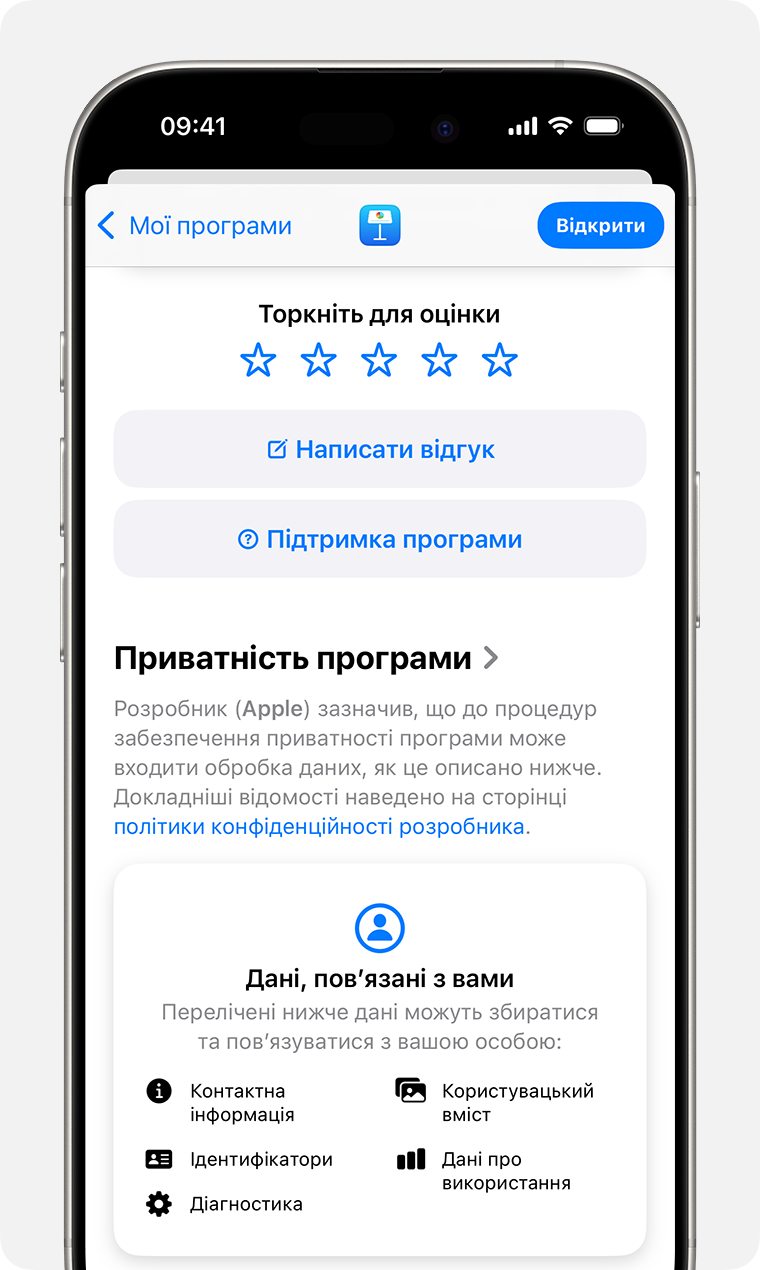 Сторінка з описом Keynote на iPhone. Угорі відображається 5 зірок, за допомогою яких можна оцінити програму, кнопка для написання відгуку та кнопка «Підтримка програми».