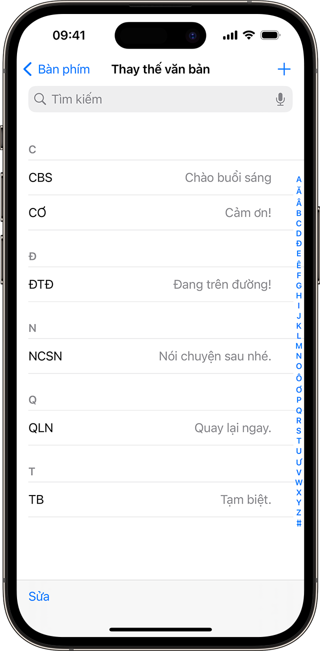 Danh sách các phím tắt văn bản được thiết lập để sử dụng trên iPhone của bạn.
