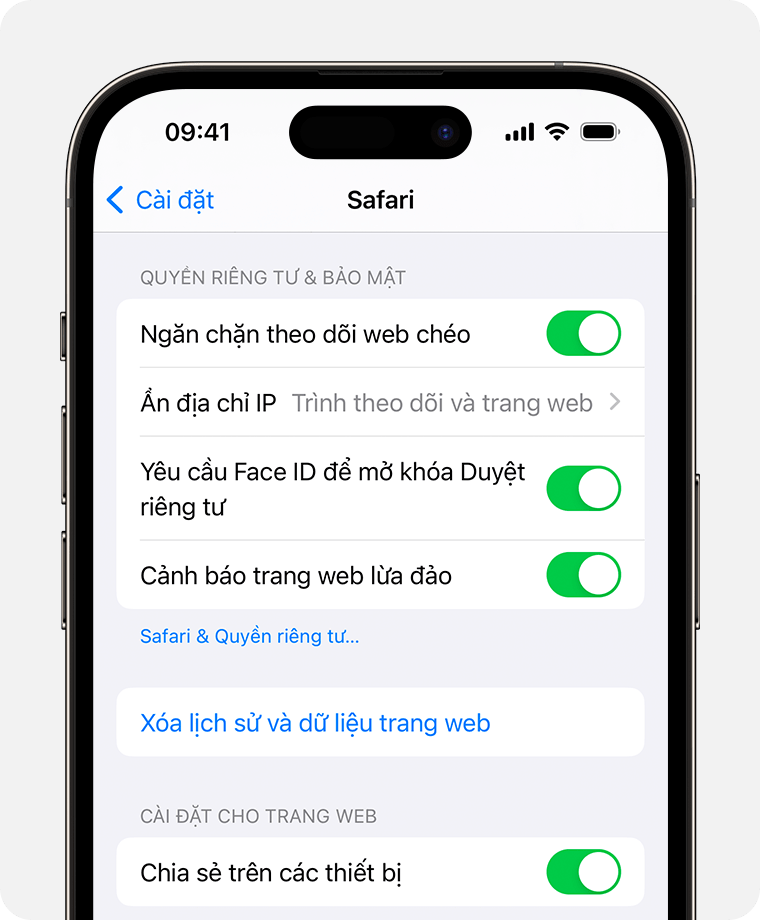 Trong cài đặt Safari, bạn có thể yêu cầu dùng Face ID để mở khóa cửa sổ Duyệt riêng tư.