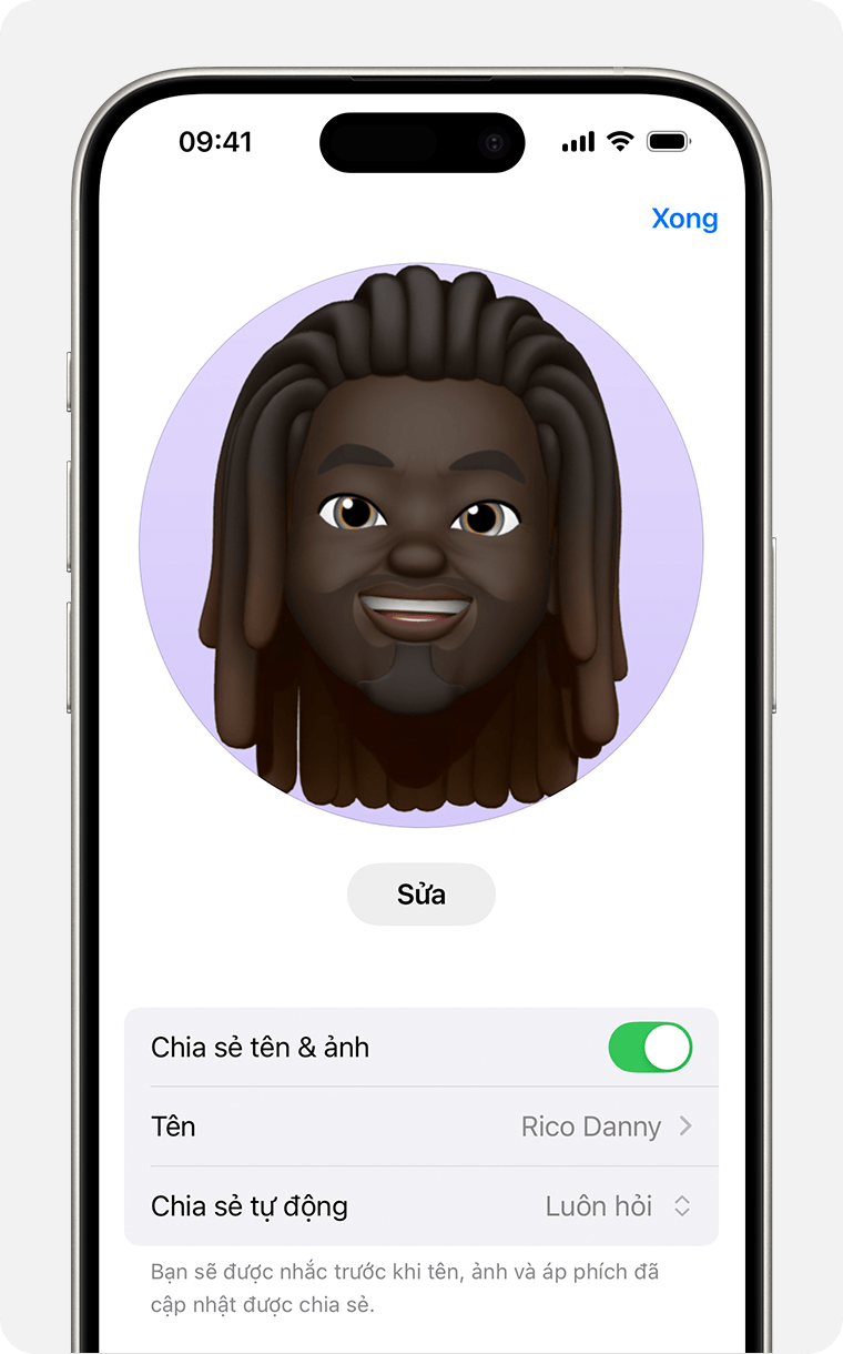 Trong ứng dụng Tin nhắn, bạn có thể chọn tên và ảnh mà bạn chia sẻ trong các cuộc hội thoại. 