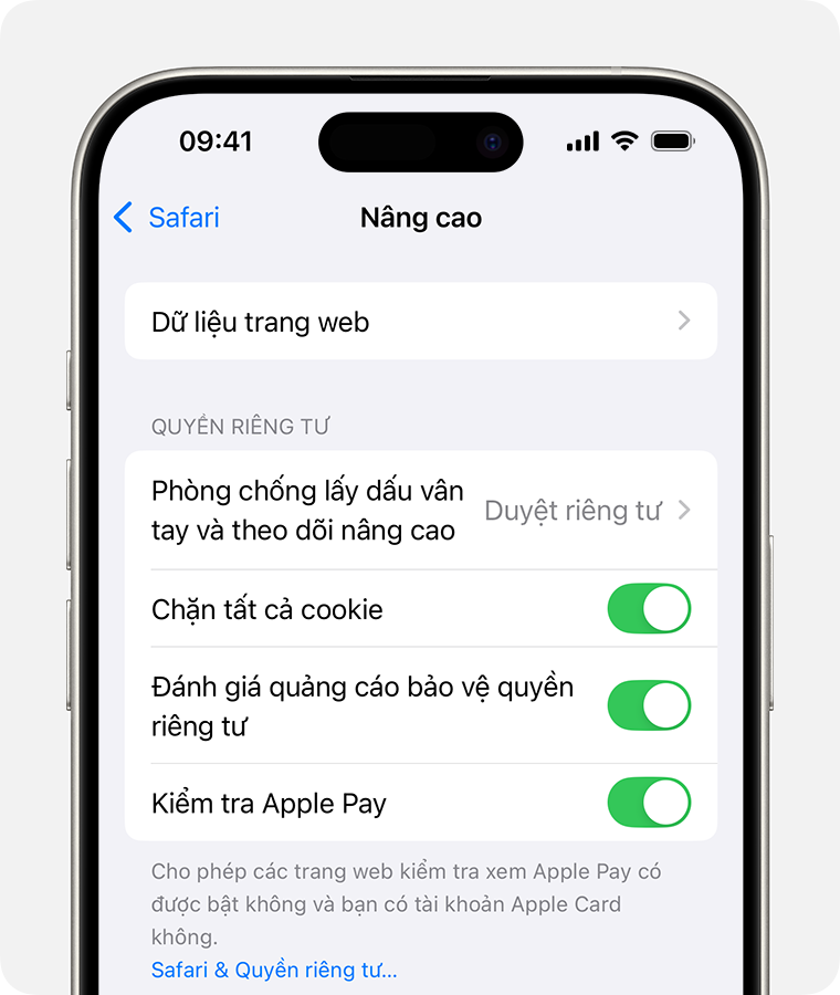 iPhone hiển thị cài đặt Safari. Bật nút chuyển Chặn tất cả cookie.