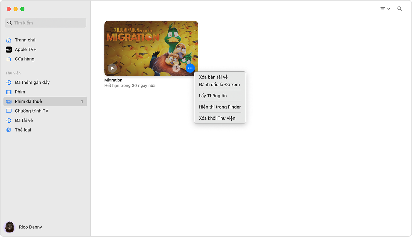 Ứng dụng Apple TV cho máy Mac hiển thị menu trong nút Thêm đối với mục đã mua