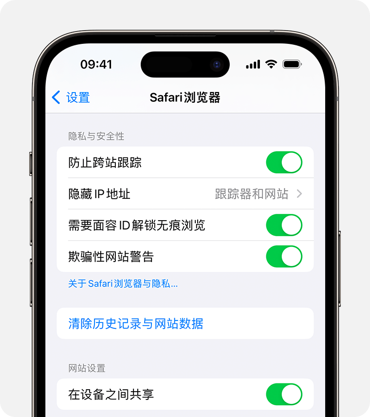 在 Safari 浏览器设置中，你可以要求使用面容 ID 来解锁无痕浏览窗口。