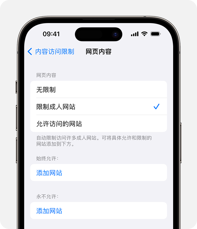 iPhone 屏幕上显示了与家长控制有关的“网页内容”选项