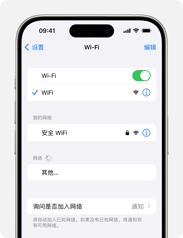 iPhone 上显示了“无线局域网”屏幕，其中无线局域网名称旁边有一个蓝色勾号。