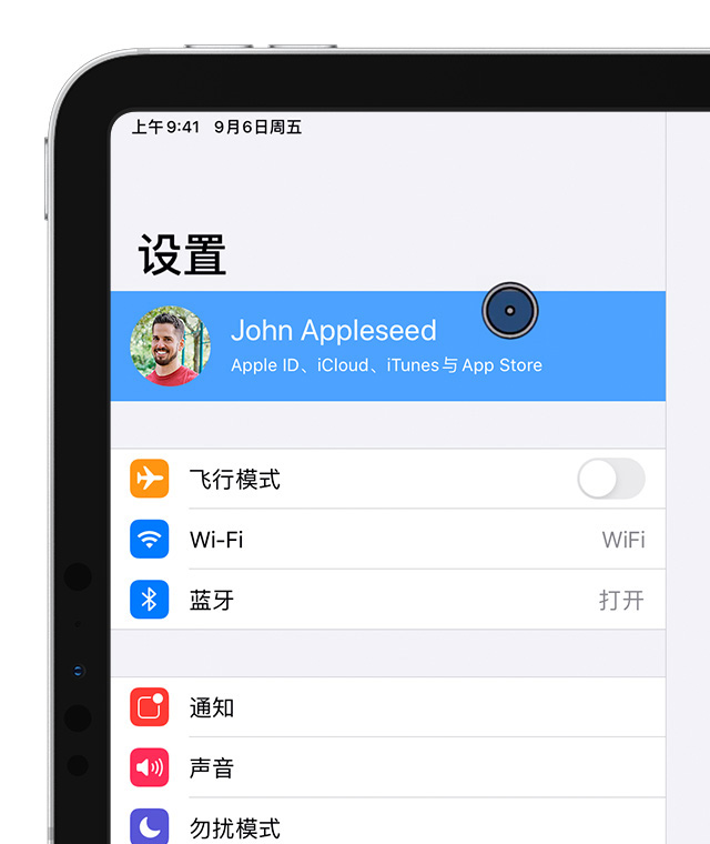 显示“设置”屏幕的 iPad，其中指针选择的是 John Appleseed 的帐户。