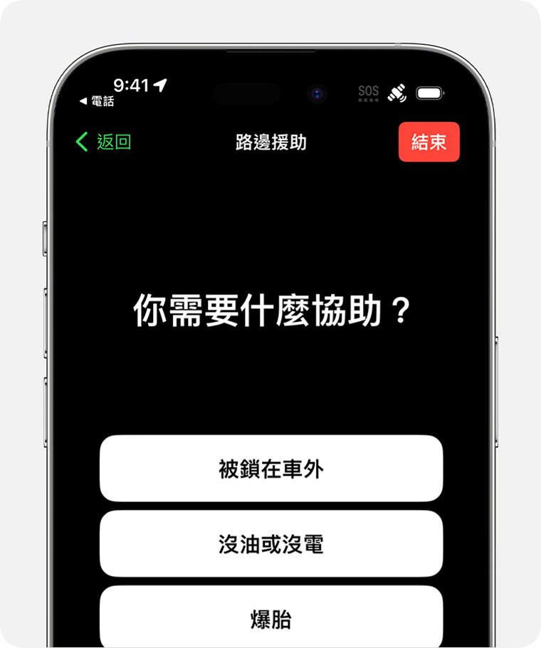 在透過衛星傳送短訊給路邊援助時，你將回答有關緊急情況性質的提示。