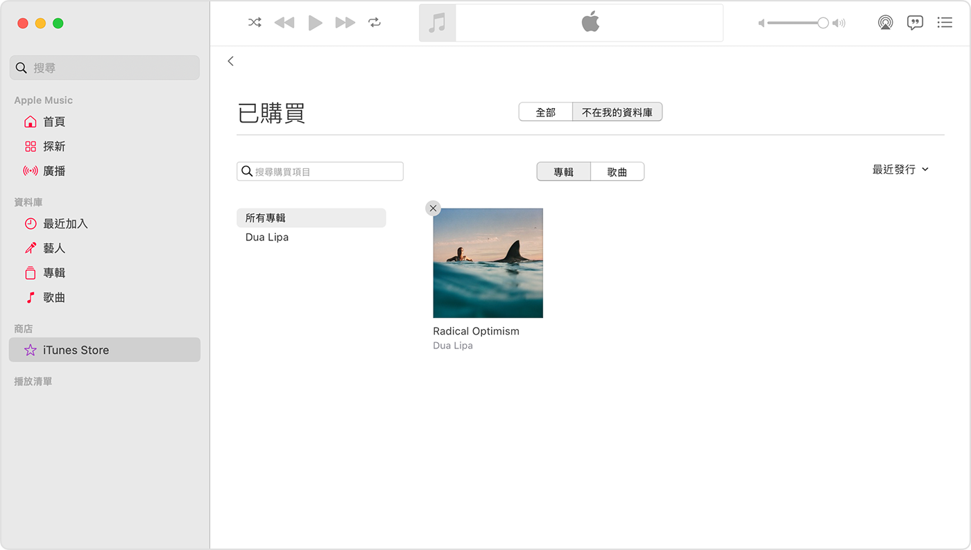 Mac 的 Apple Music app 顯示在購買項目上方的「隱藏購買項目」按鈕