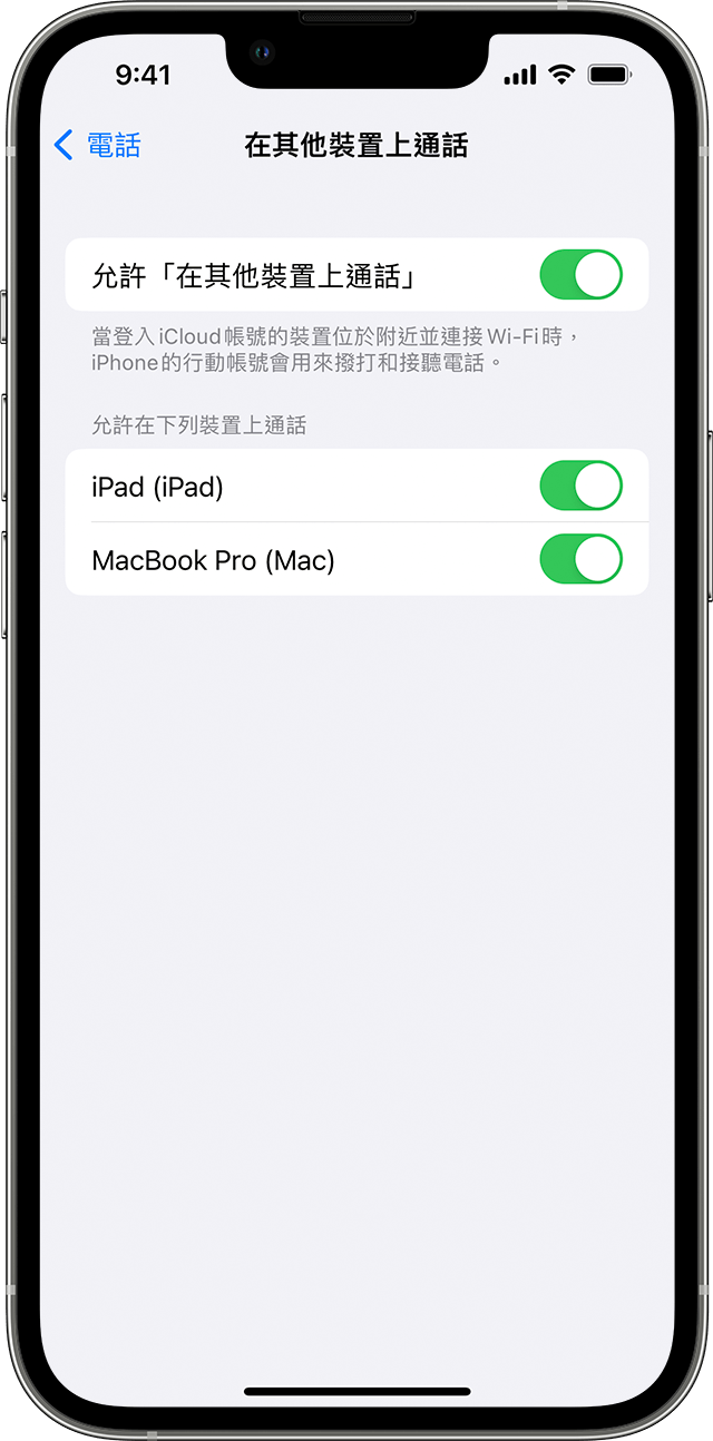 iPhone 顯示「在其他裝置上通話」畫面。「允許『在其他裝置上通話』」已開啟，並允許在 John 的 iPad 和 John 的 MacBook Pro 上通話。