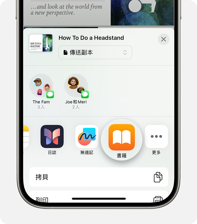 iPhone 影像顯示如何將 PDF 儲存到「書籍」App