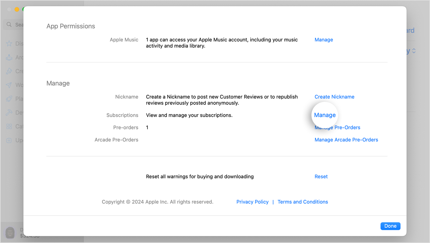 A macOS screen showing the Manage settings for subscriptions in the App Store. To manage your subscriptions, click Manage.