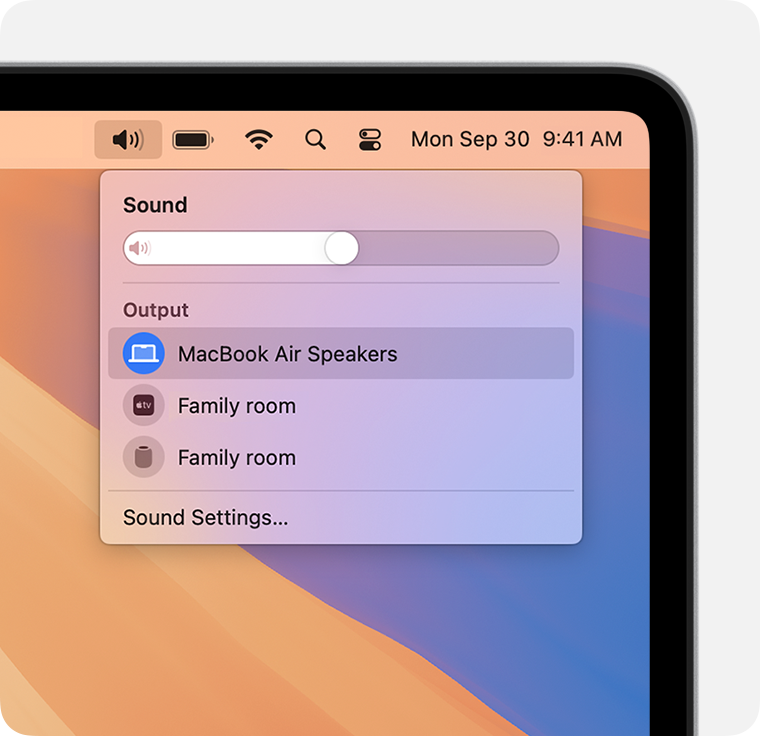 macOS screen showing the Sound panel with a volume slider and MacBook Air Speakers selected as output 