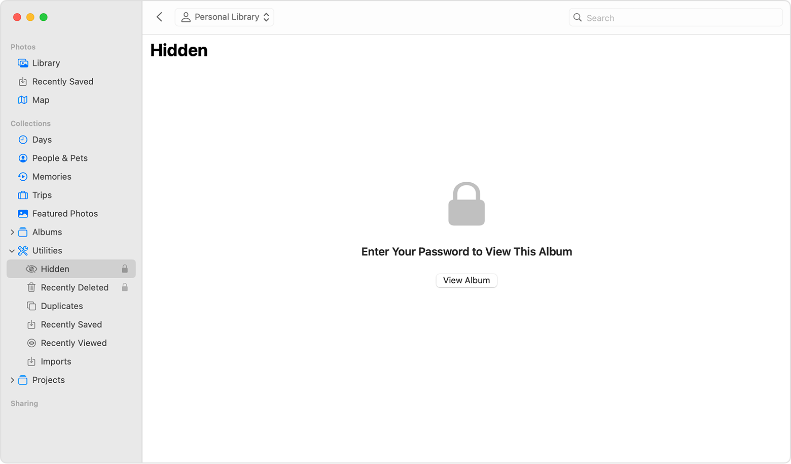 Hidden album highlighted in macOS Photos app.