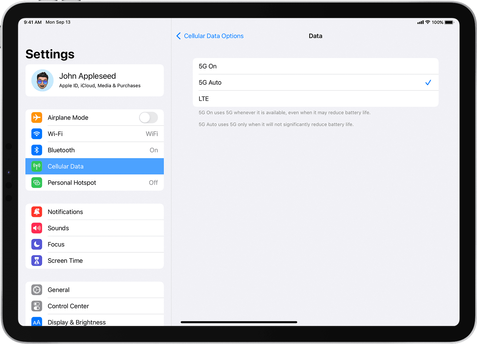 Capture d’écran des options de données cellulaires pour l’utilisation du réseau 5G sur un iPad doté d’iOS 15.