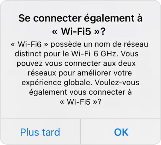 Boîte de dialogue iOS demandant si vous souhaitez également rejoindre le réseau Wi-Fi 5G