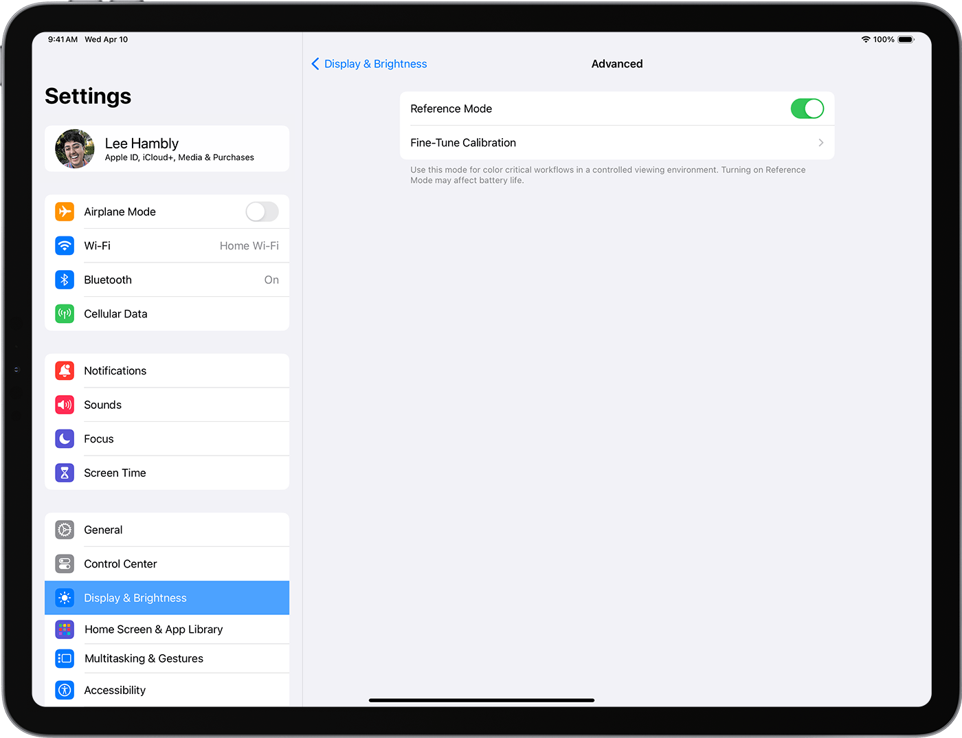 An iPad showing the Advanced Display & Brightness settings. Reference Mode is on.