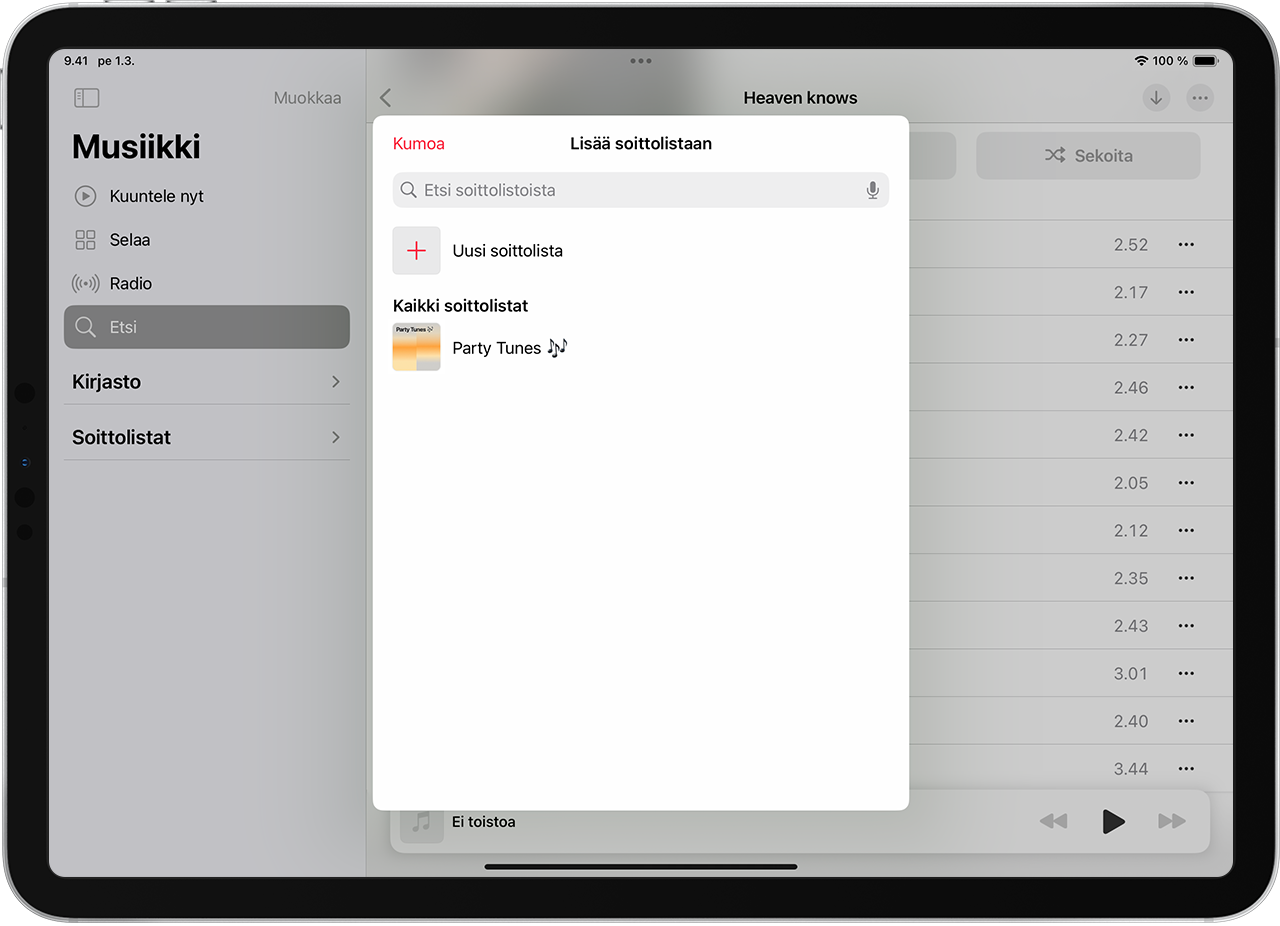 iPad, jossa näkyy musiikin lisääminen olemassa olevaan soittolistaan