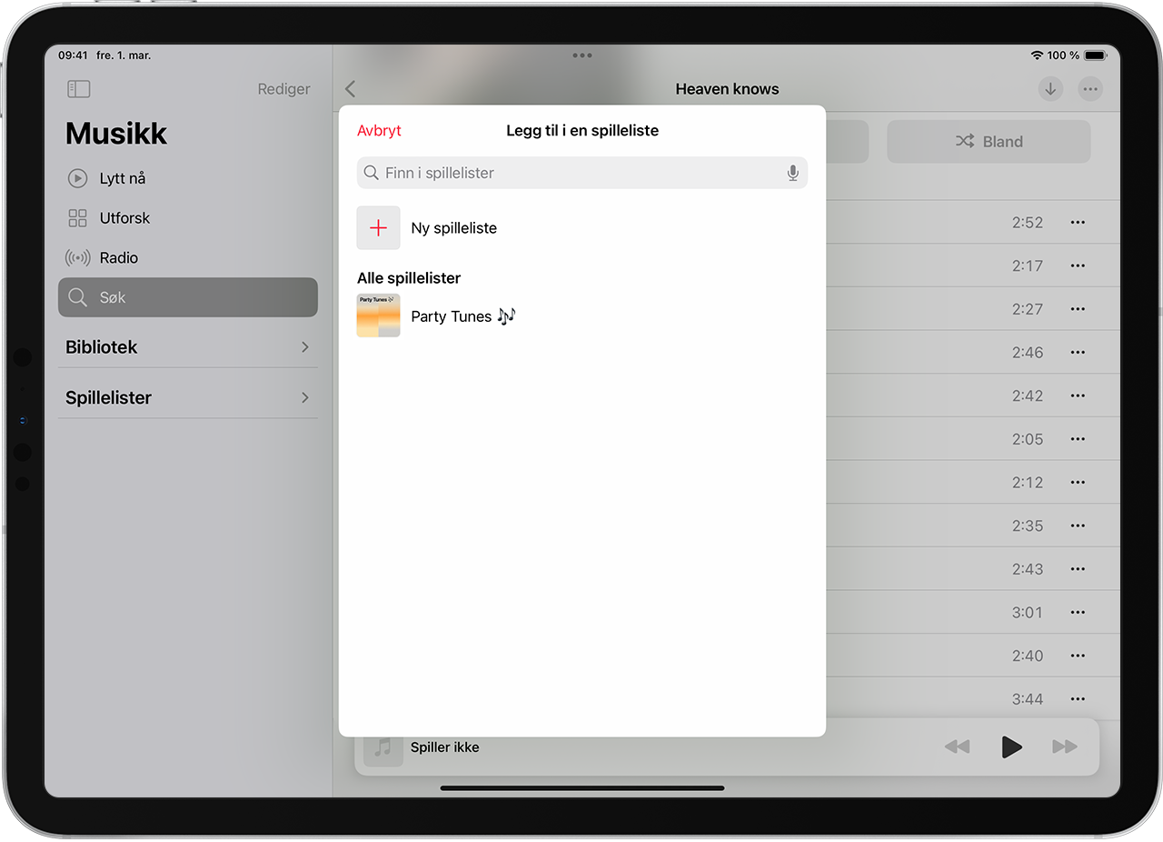 iPad som viser hvordan du legger til musikk i en eksisterende spilleliste