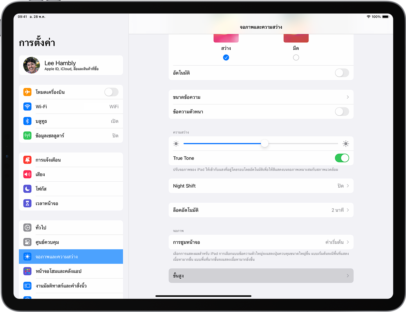 iPad แสดงการตั้งค่าจอภาพและความสว่างเมื่อเลือกเมนูขั้นสูง