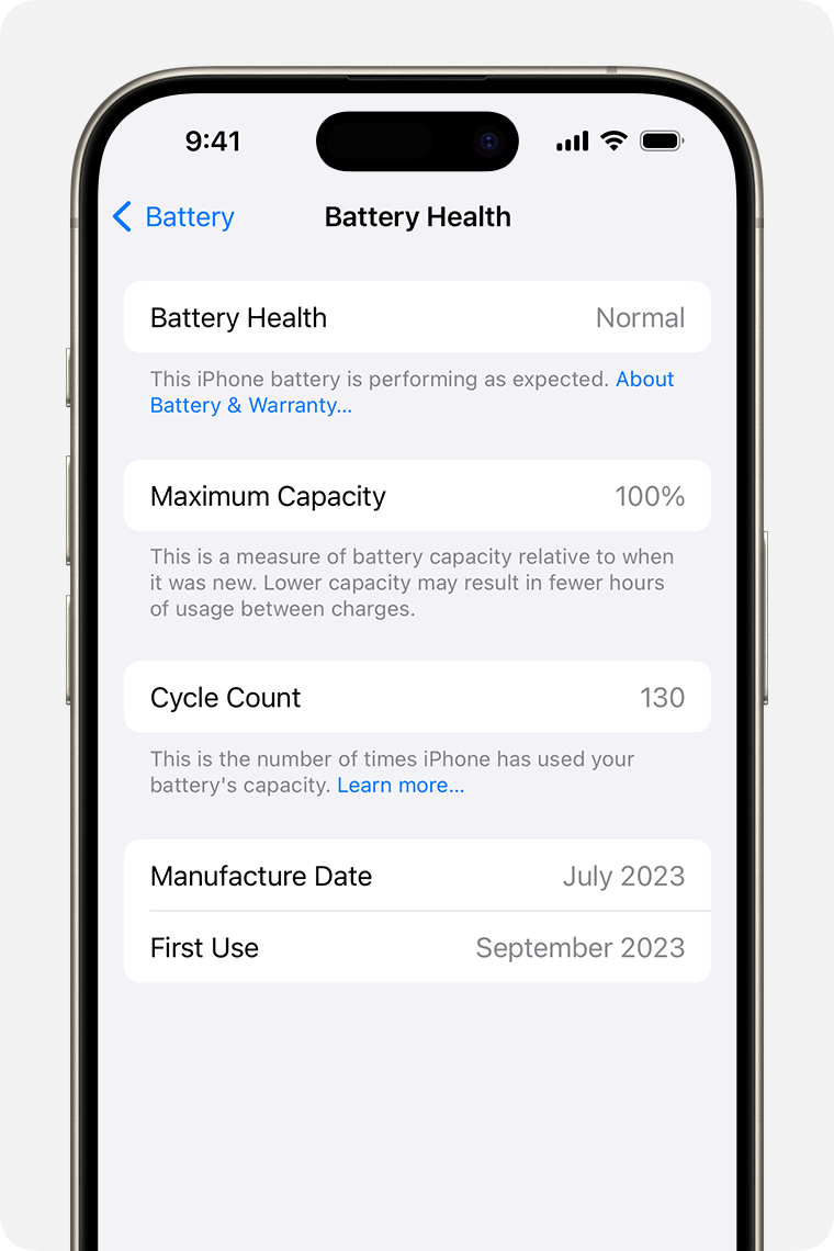 The Battery Health screen, showing battery health, maximum capacity, cycle count, manufacture date and date of first use.