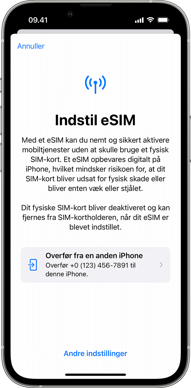 iPhone-skærmbillede af indstilling af eSIM med mulighed for at overføre mobilabonnement fra en anden iPhone.