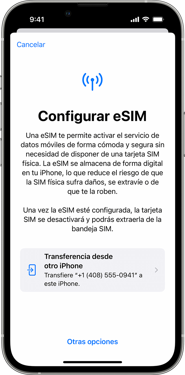 Captura de pantalla de iPhone de la configuración de eSIM con la opción de transferir el plan móvil desde otro iPhone.