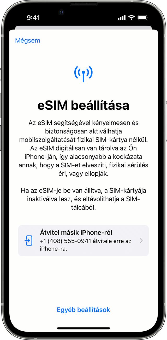 Egy iPhone-képernyőkép az eSIM beállításáról, ahol lehetőség van a mobil-előfizetés átvitelére egy másik iPhone-ról.