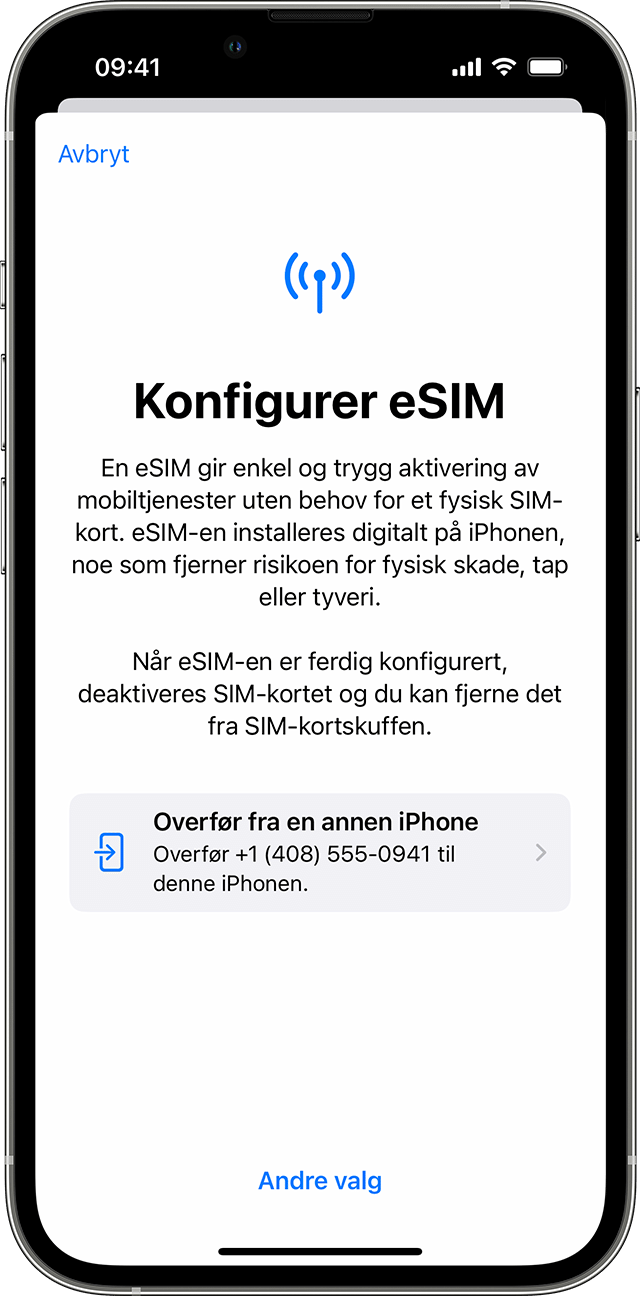 iPhone-skjermbilde av konfigurasjonen av en eSIM med alternativet for å overføre et mobilabonnement fra en annen iPhone.