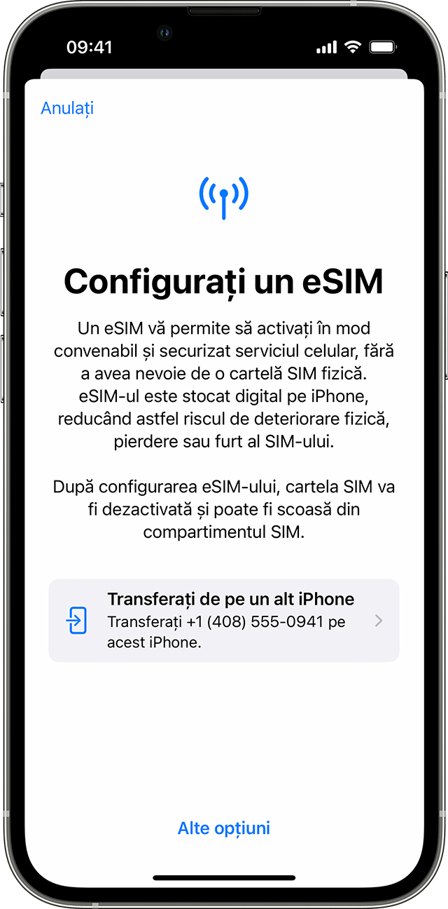 Captură de ecran pe iPhone cu configurarea eSIM, cu opțiunea de a transfera planul de telefonie mobilă de la un alt iPhone.