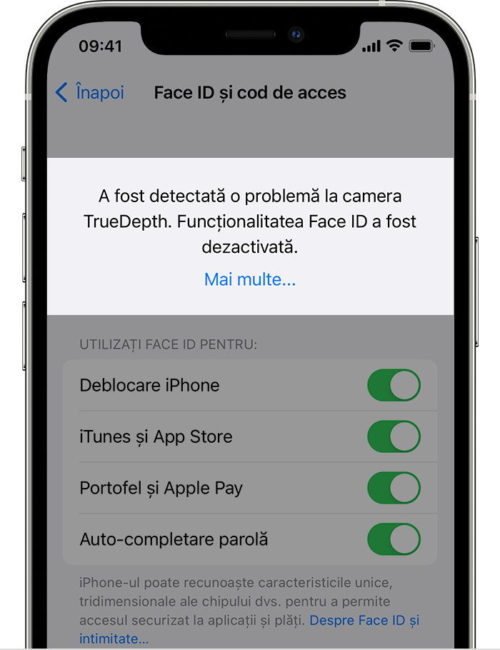 Un iPhone afișând ecranul Configurări > Face ID și cod de acces cu o alertă în partea de sus, cu textul „A fost detectată o problemă la camera TrueDepth. Funcționalitatea Face ID a fost dezactivată.”