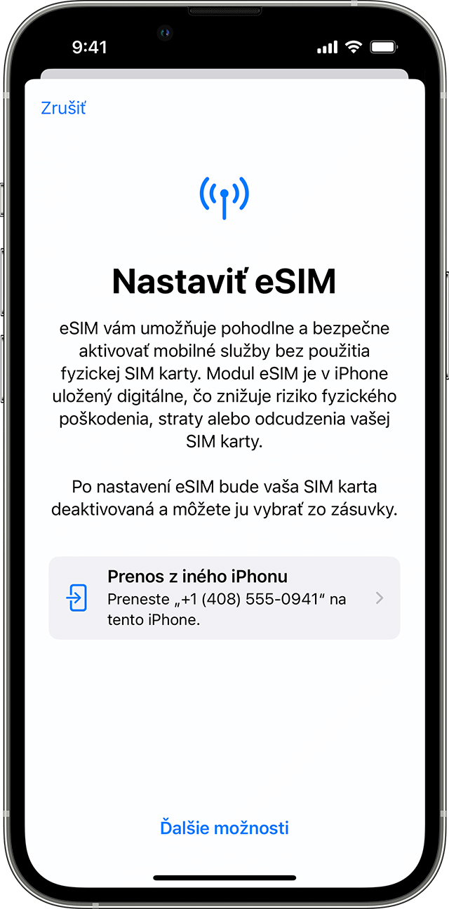 Snímka obrazovky iPhonu s nastavovaním eSIM karty s možnosťou prenosu mobilného programu z iného iPhonu.