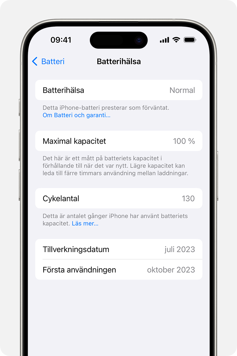 Skärmen Batterihälsa som visar batterihälsa, maximal kapacitet, antal laddningscykler, tillverkningsdatum, och datum för första användningen.