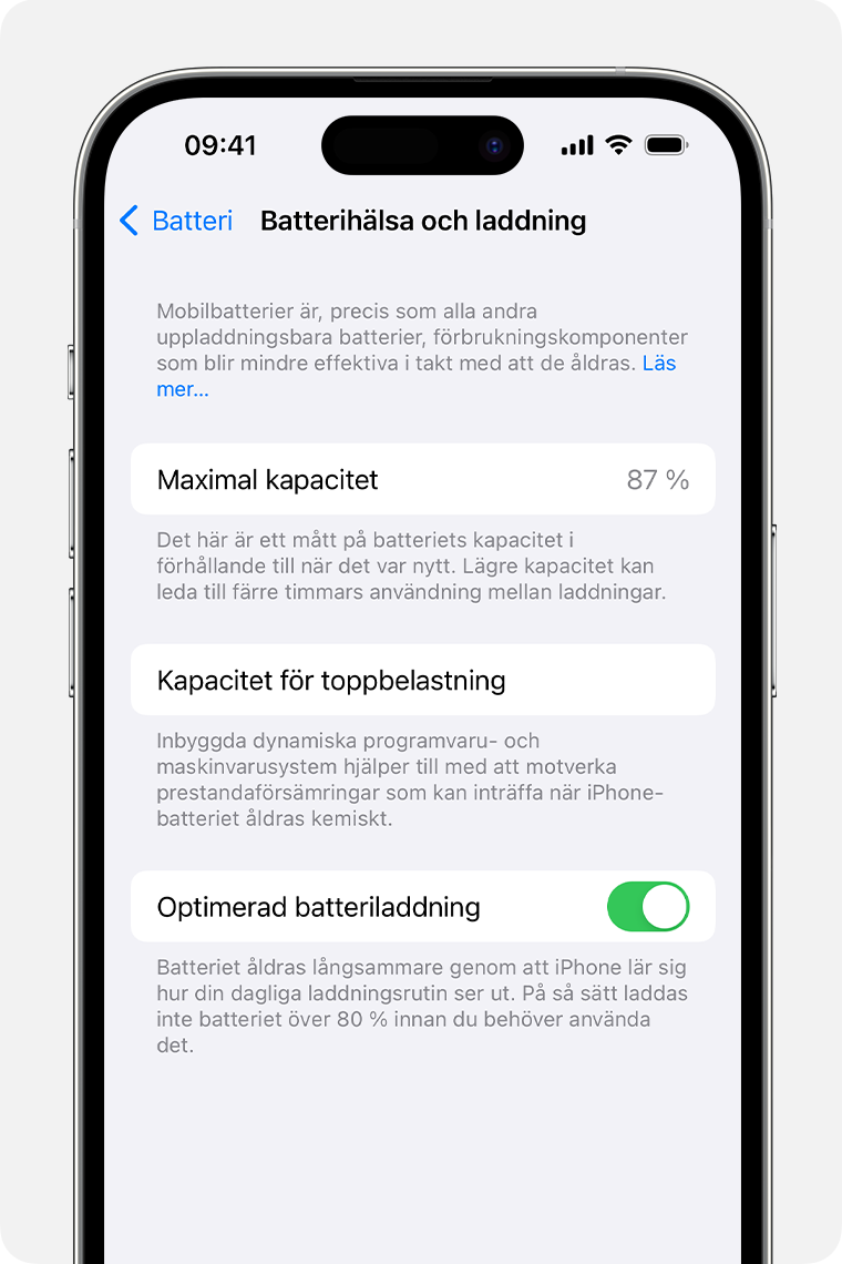 Skärmerna Batterihälsa och Laddning visar maximal kapacitet, kapacitet för topprestanda och kontroller för optimerad batteriladdning och laddning med ren energi.