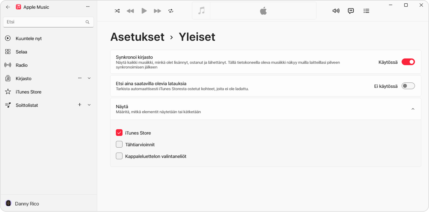 Apple Music ‑apin Windows-versiossa näkyy, että kirjaston synkronointi on laitettu päälle valitsemalla Asetukset > Yleiset 