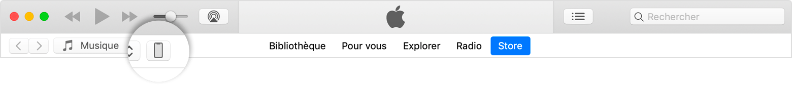 Barre des menus iTunes, icône de l’iPhone sélectionnée.